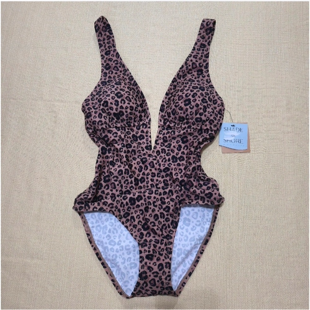 Shade & Shore Womens Leopard Print Plunge Neck One Piece Swimsuit XS Mauve Black